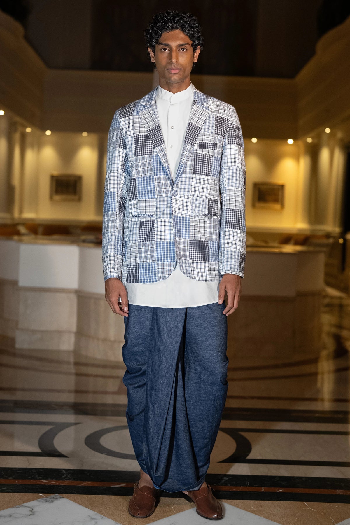 PATCHWORK CHECK BLAZER, POPLIN KURTA-SHIRT & DENIM DHOTI PANT