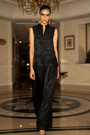 PATCHWORK SATIN TWILL WAISTCOAT & WIDE-LEGGED PANT SET