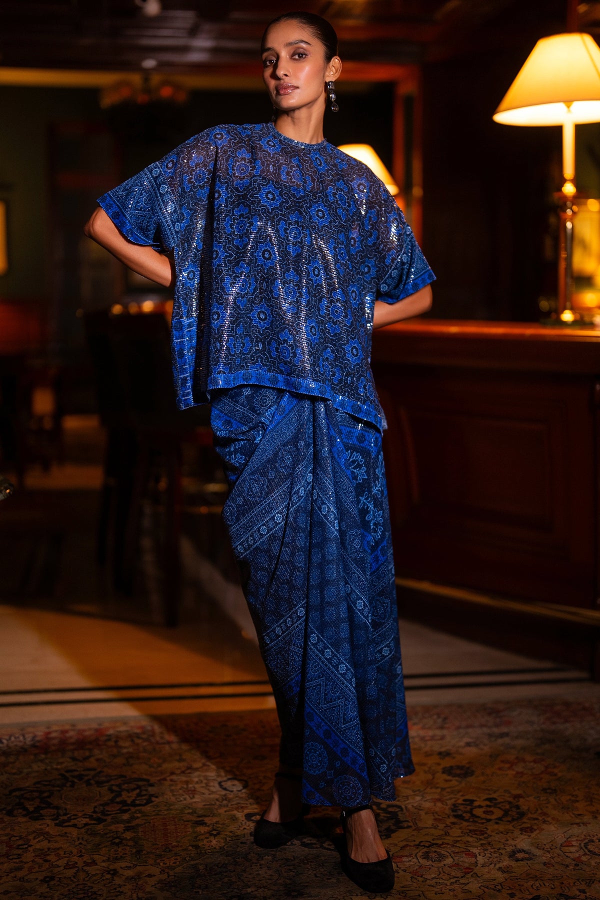 PATTERNED BLUE SEQUIN BOXY TOP & DRAPE SKIRT SET