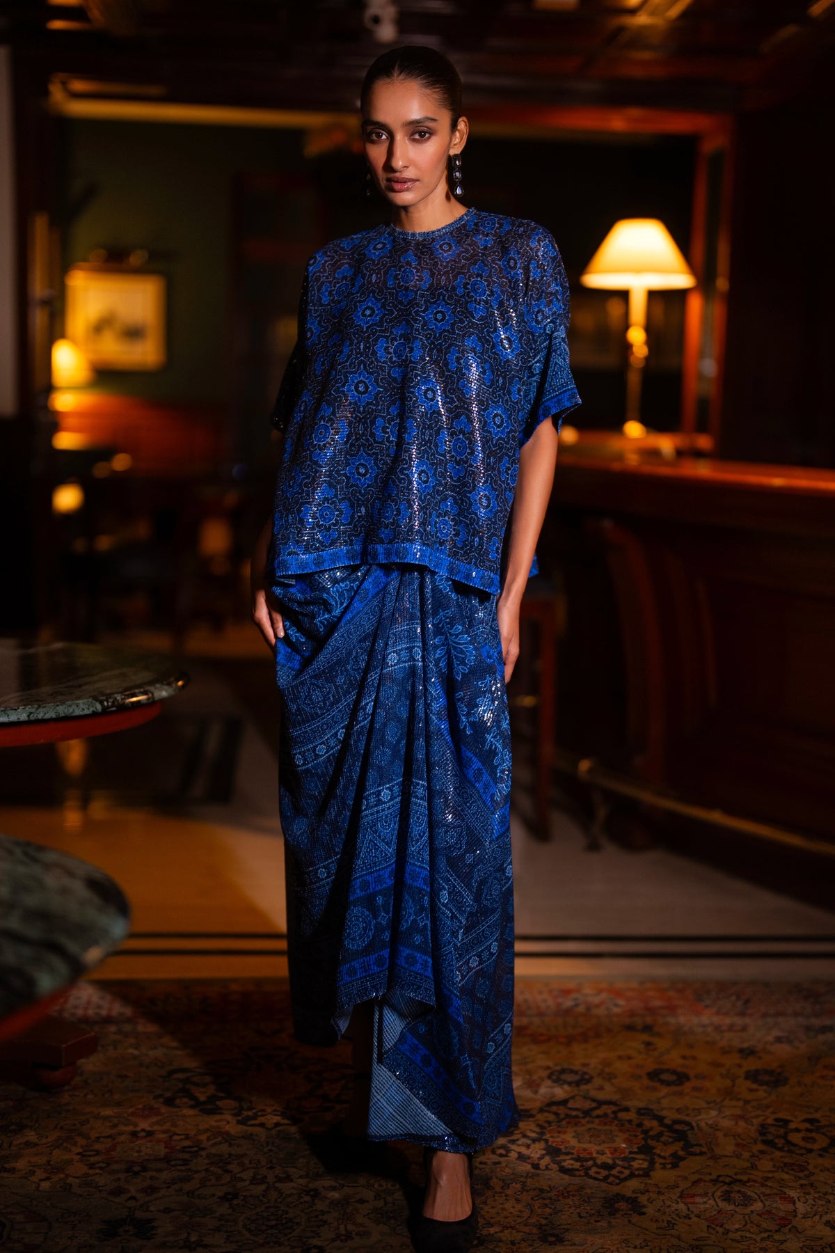 PATTERNED BLUE SEQUIN DRAPE SKIRT