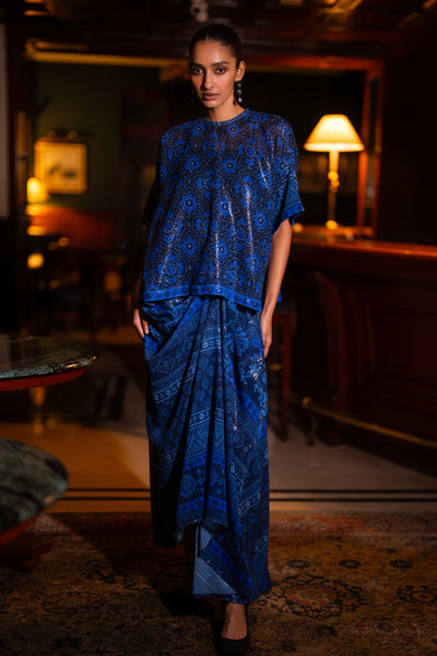 PATTERNED BLUE SEQUIN DRAPE SKIRT