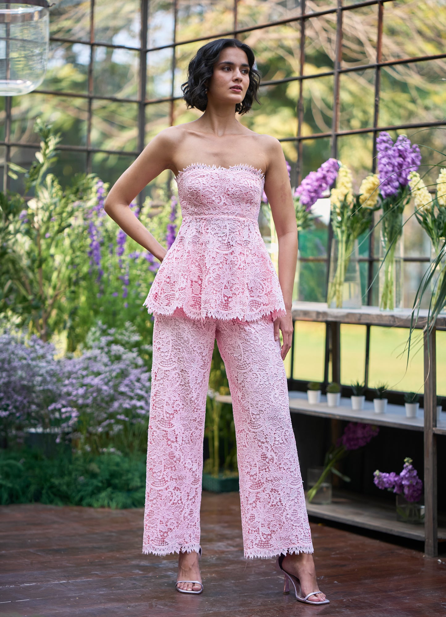 SCALLOPED OFF-SHOULDER PEPLUM LACE TOP & PANT SET