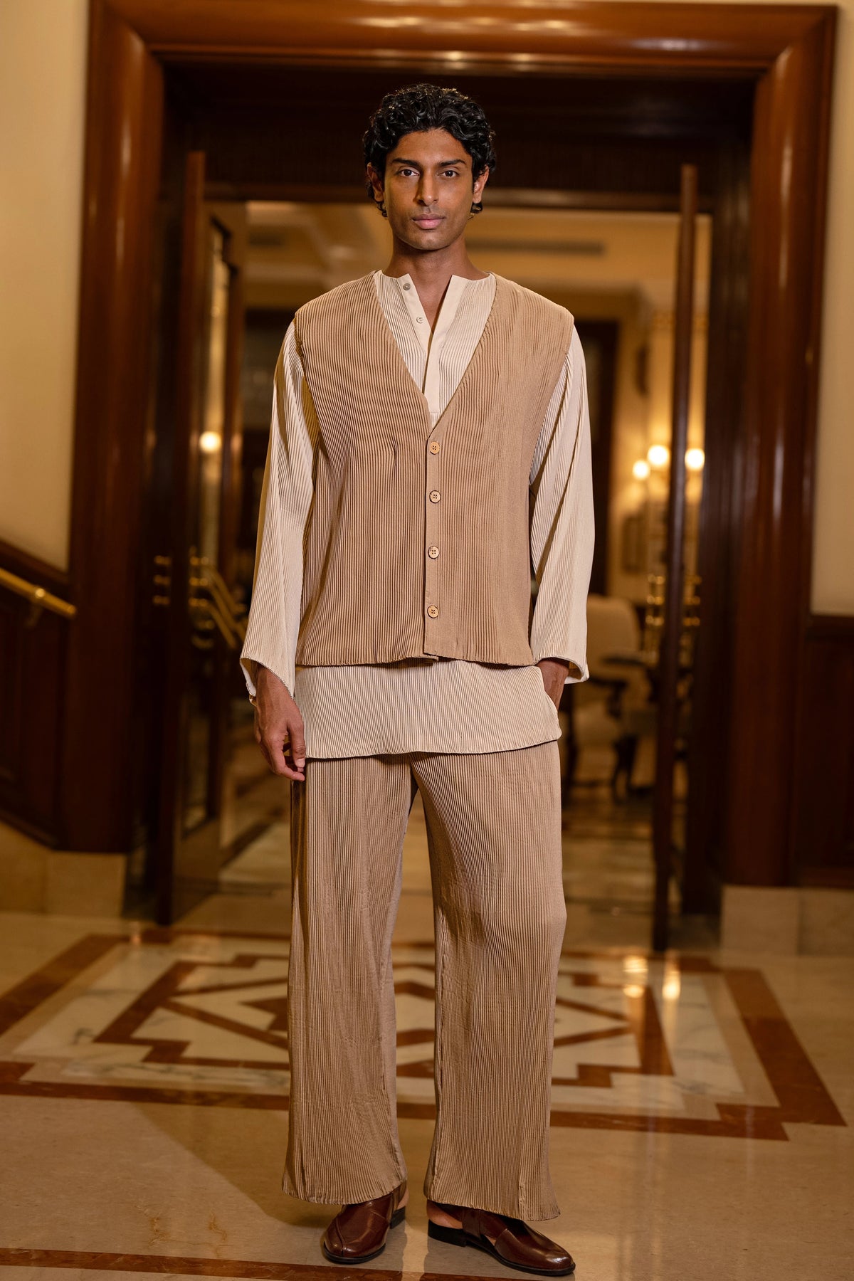 PLEATED BANDI JACKET, KURTA-SHIRT & STRAIGHT-CUT PANT SET