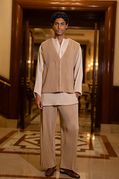 PLEATED BANDI JACKET, KURTA-SHIRT & STRAIGHT-CUT PANT SET