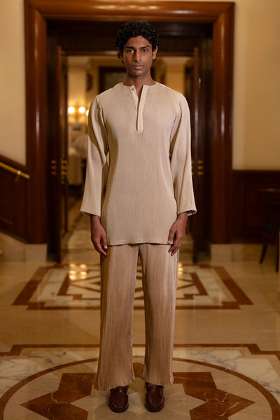 PLEATED LONGLINE KURTA-SHIRT & STRAIGHT-CUT PANT SET