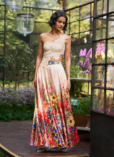 HAND APPLIQUÉ LACE EMBROIDERED TOP & FLORAL OMBRÉ MAXI SKIRT