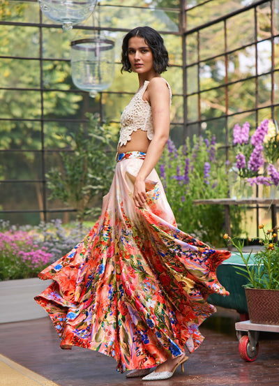 HAND APPLIQUÉ LACE EMBROIDERED TOP & FLORAL OMBRÉ MAXI SKIRT