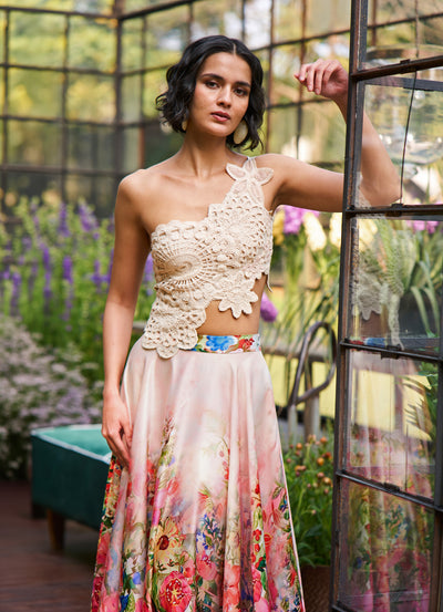 HAND APPLIQUÉ LACE EMBROIDERED TOP & FLORAL OMBRÉ MAXI SKIRT