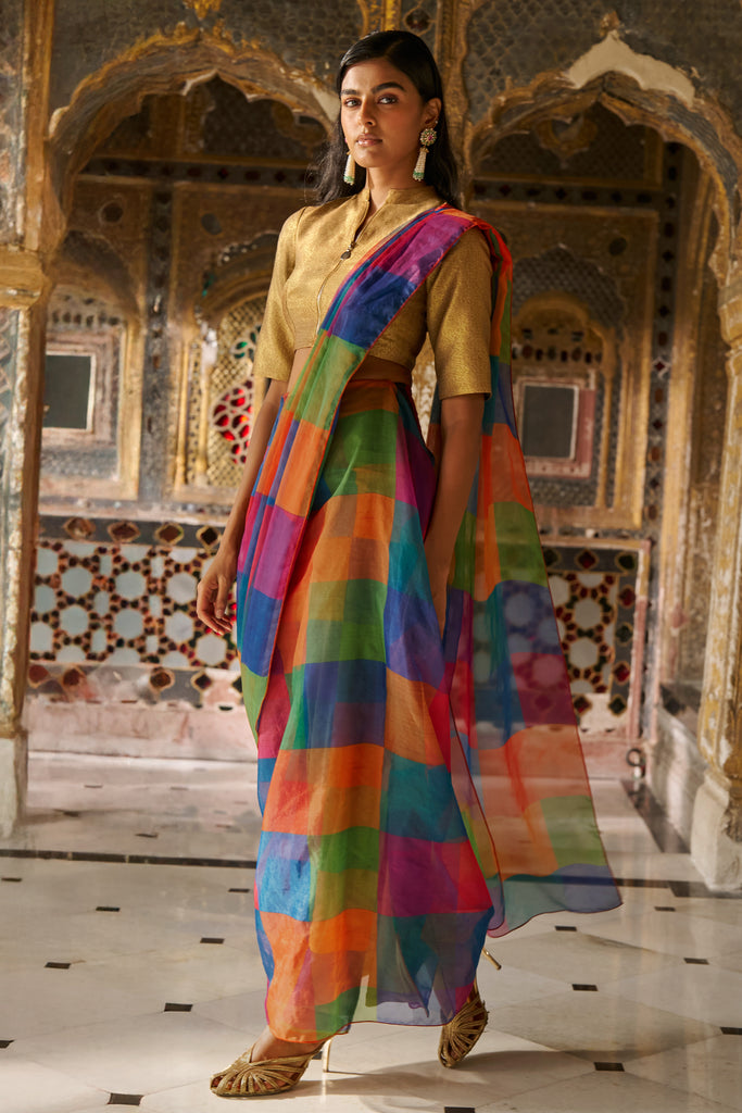 MULTICOLOUR CHECK SARI DRAPE SKIRT SET dash and dot