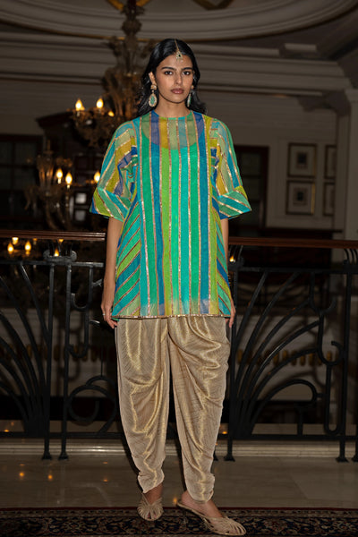 RIBBON EMBROIDERED STRIPED BOXY TOP