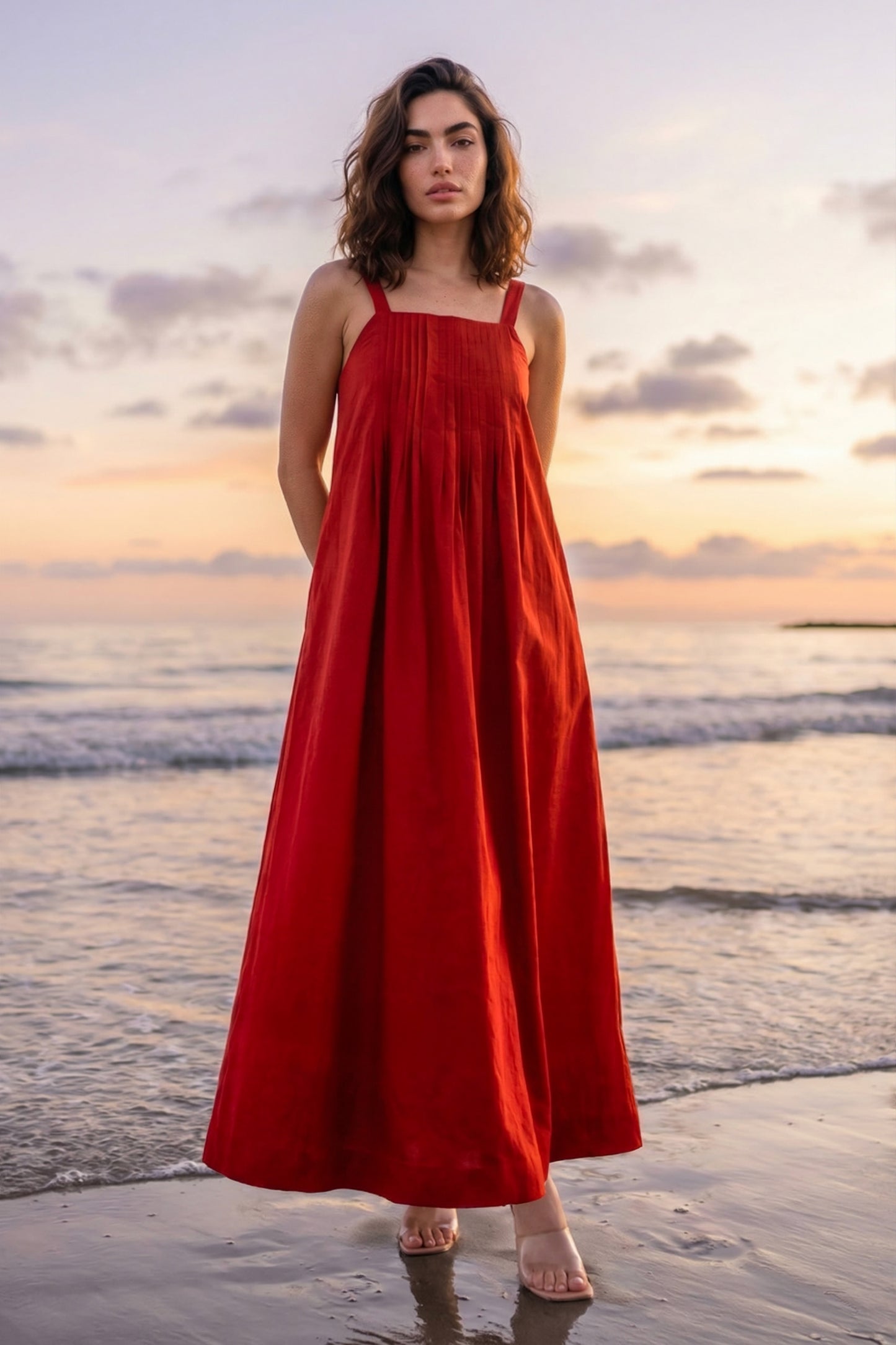 SCARLET RED POPLIN MIDI