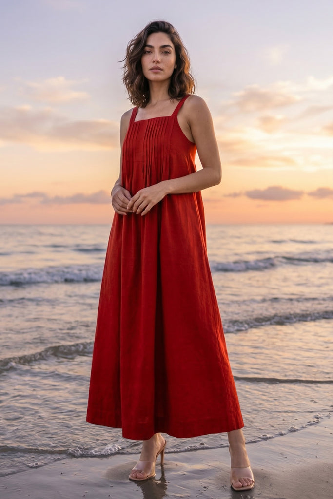 SCARLET RED POPLIN MIDI dash and dot