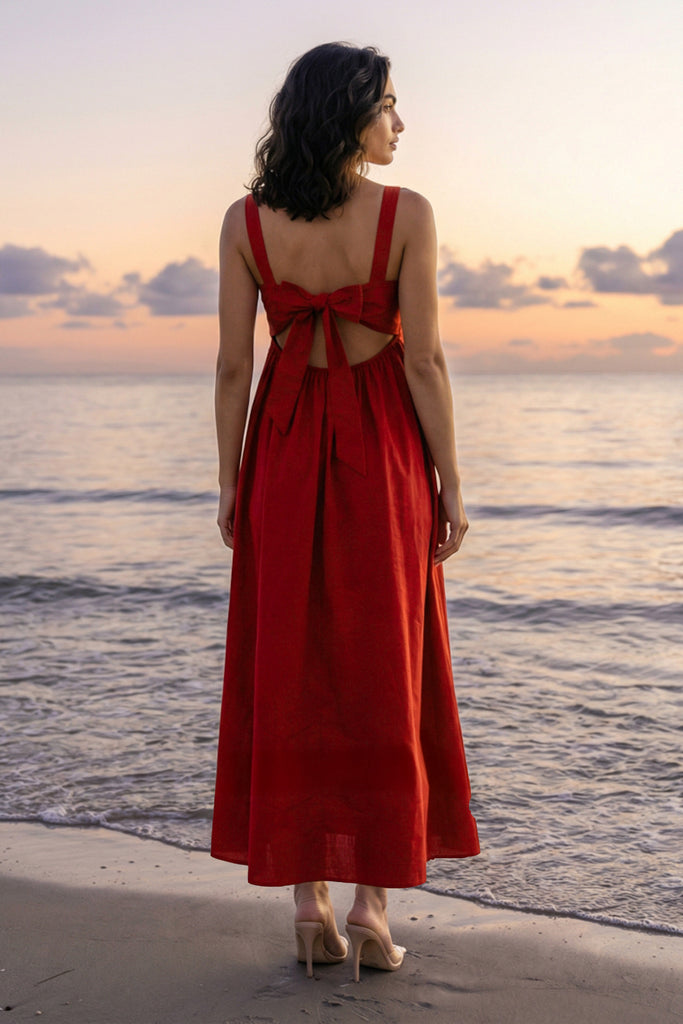 SCARLET RED POPLIN MIDI dash and dot