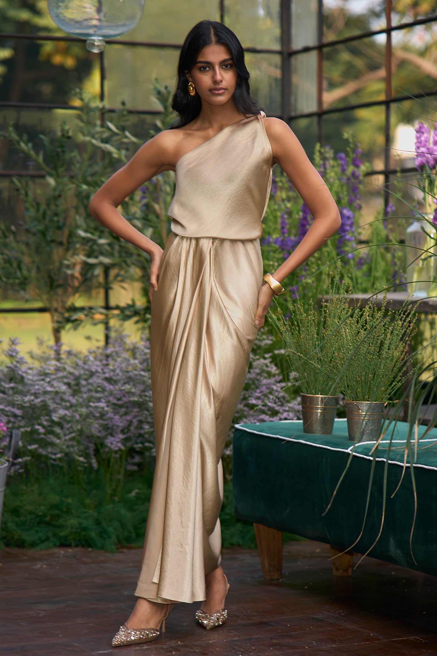 TWISTED ONE SHOULDER TOP & SATIN DRAPED SKIRT