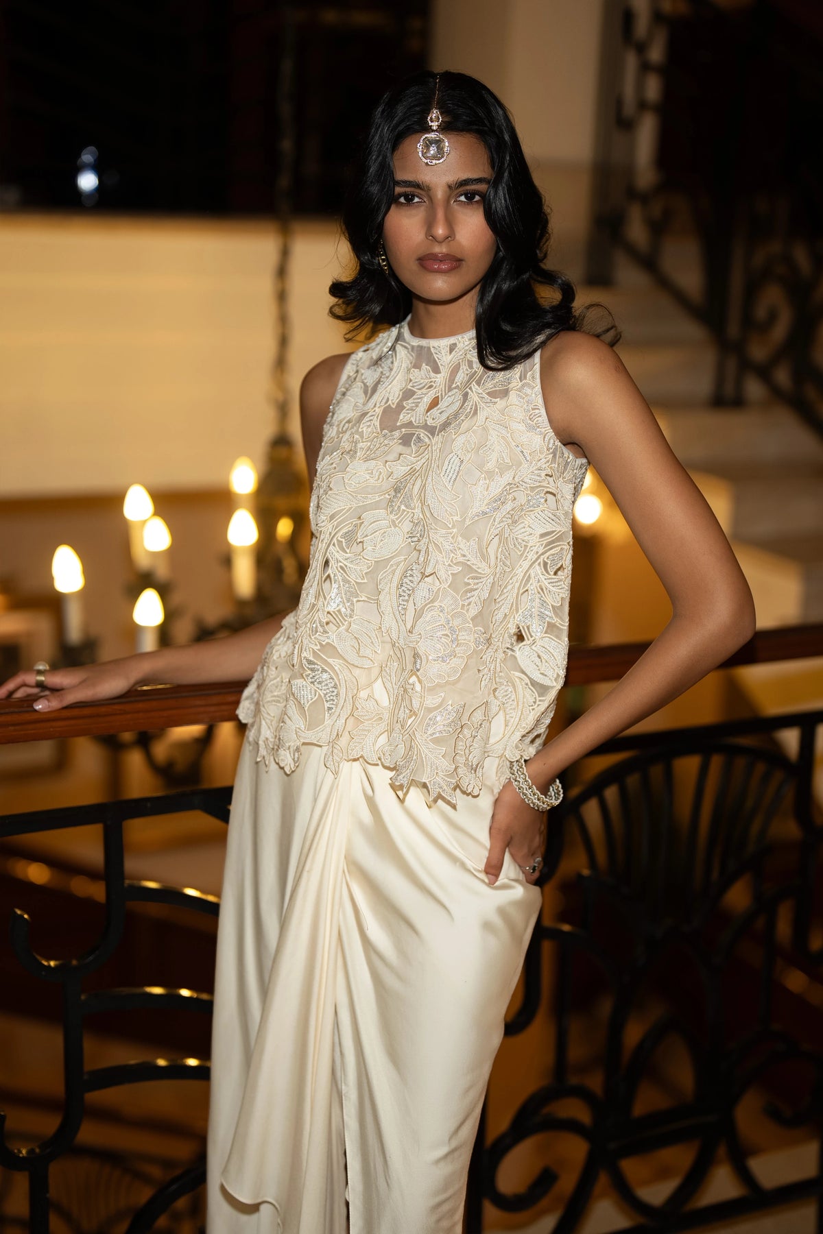 SEQUIN & BEAD EMBROIDERED SCALLOPED TOP & DRAPED SKIRT