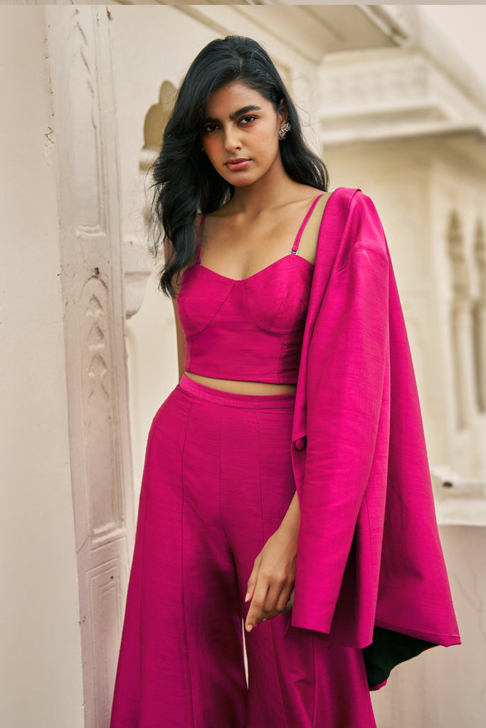 FUCHSIA SHAWL COLLAR BLAZER, BRALETTE AND FLARED PANT dash and dot