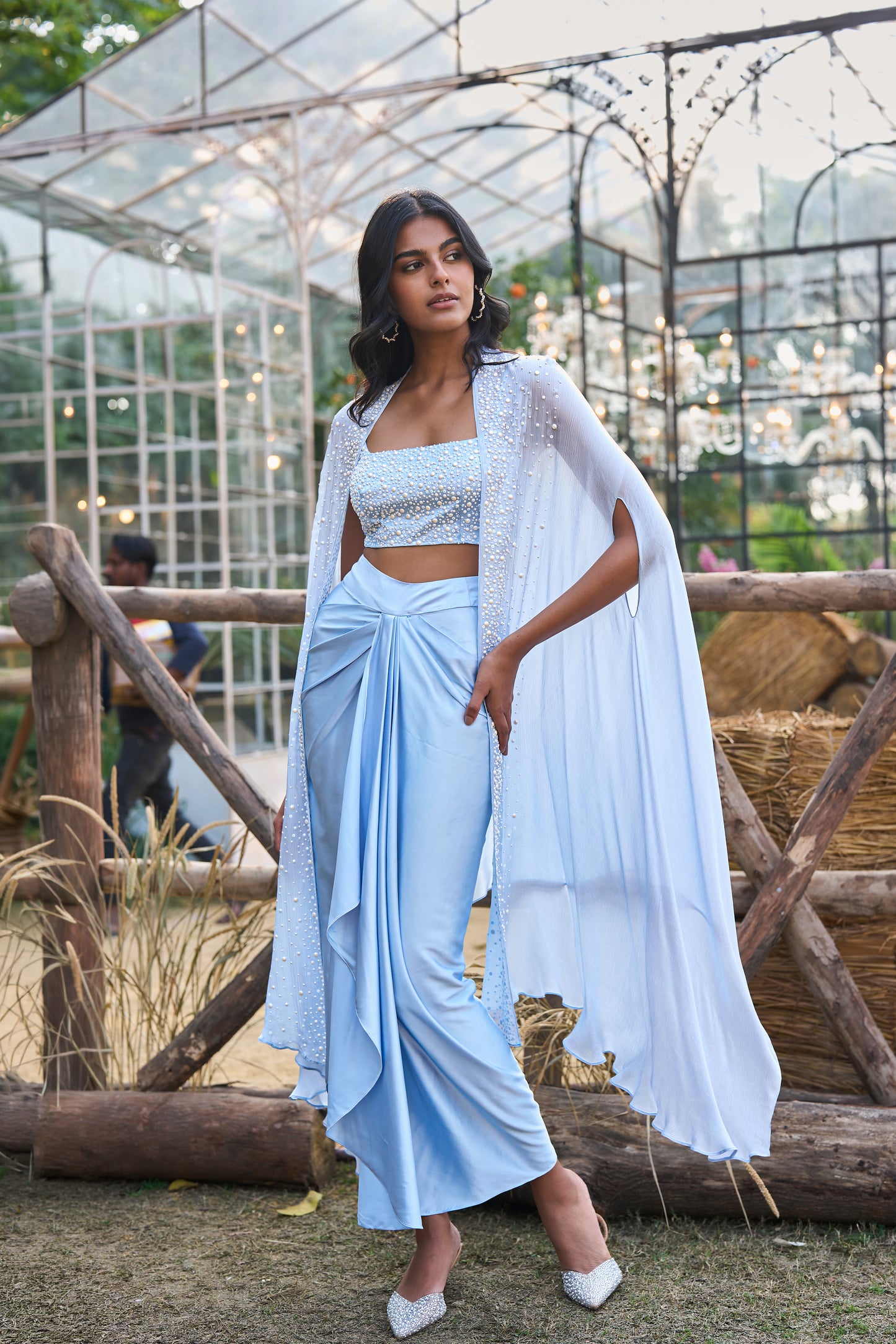 PEARL EMBROIDERED CAPE & BRALETTE WITH DRAPED SATIN SKIRT