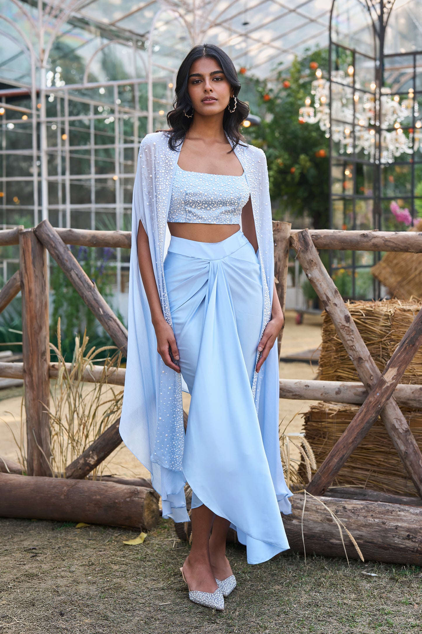 PEARL EMBROIDERED CAPE & BRALETTE WITH DRAPED SATIN SKIRT