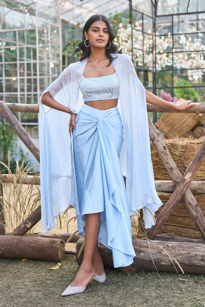 PEARL EMBROIDERED CAPE & BRALETTE WITH DRAPED SATIN SKIRT dash and dot