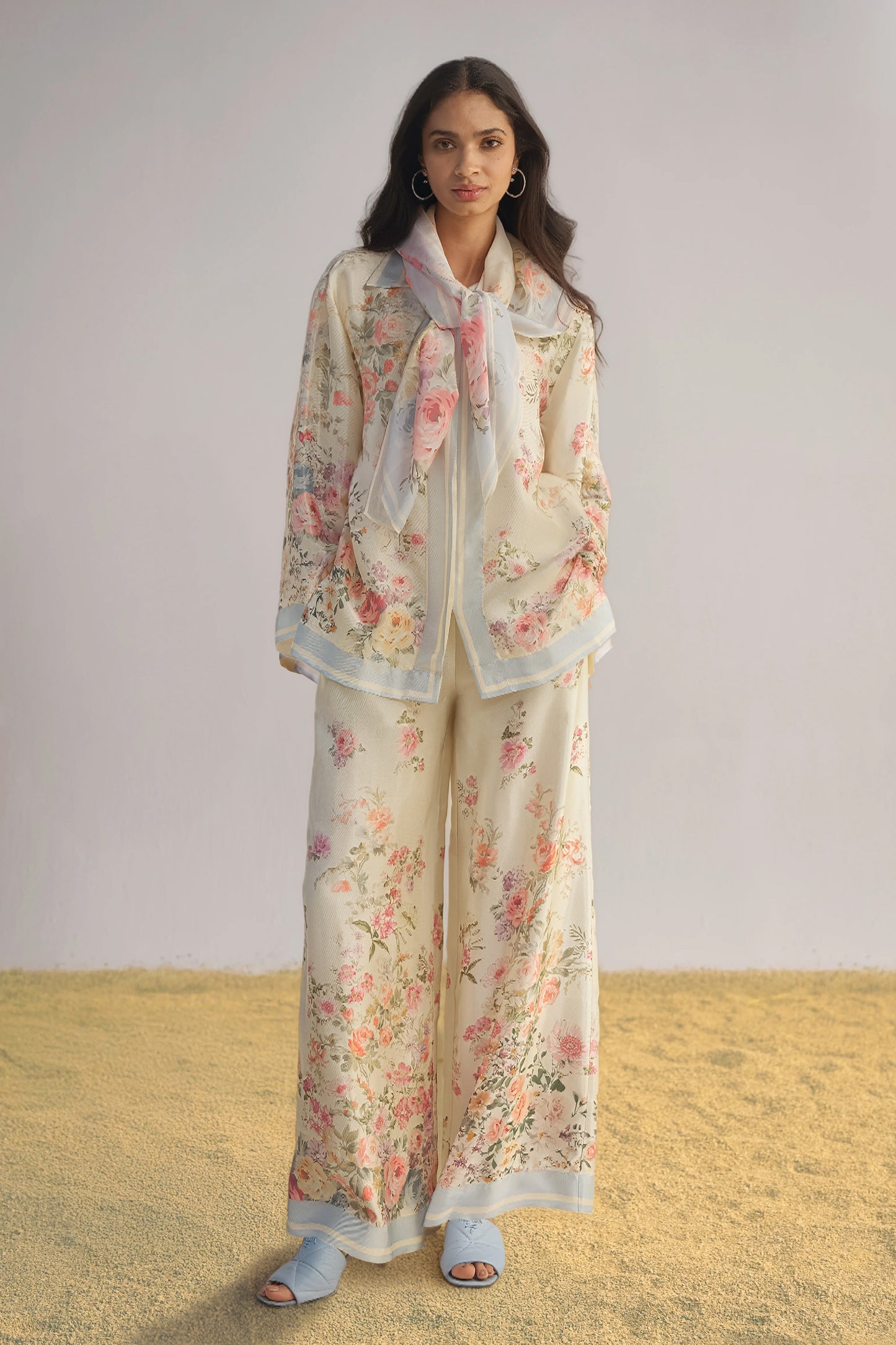 PASTEL FLORAL PRINTED PANT SET WITH SCARF