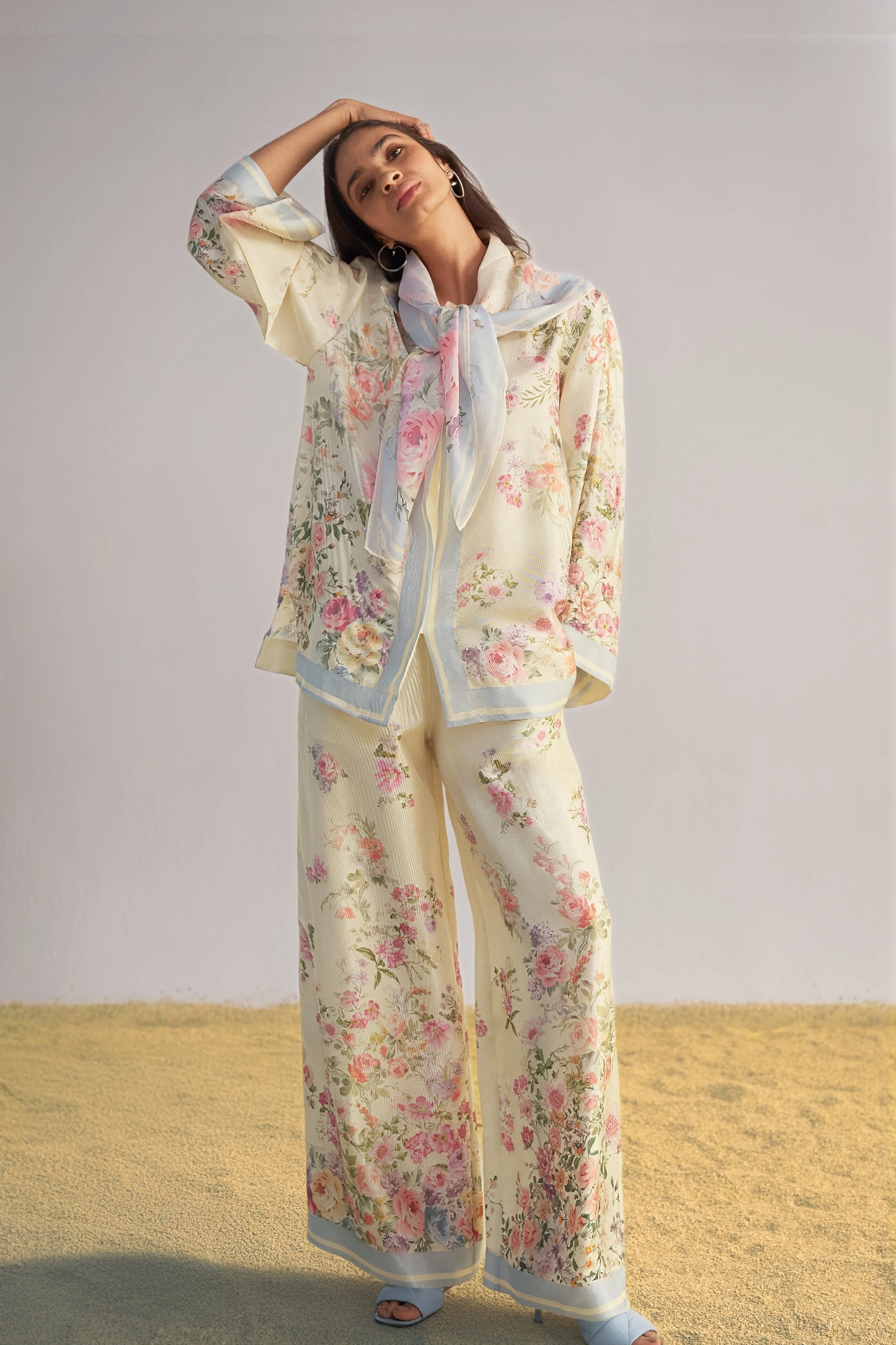 PASTEL FLORAL PRINTED PANT SET WITH SCARF