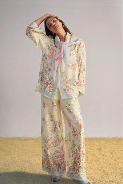 PASTEL FLORAL PRINTED PANT SET WITH SCARF