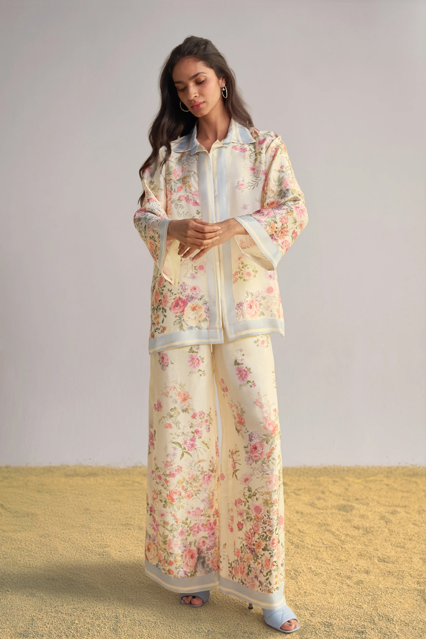 PASTEL FLORAL PRINTED PANT SET WITH SCARF