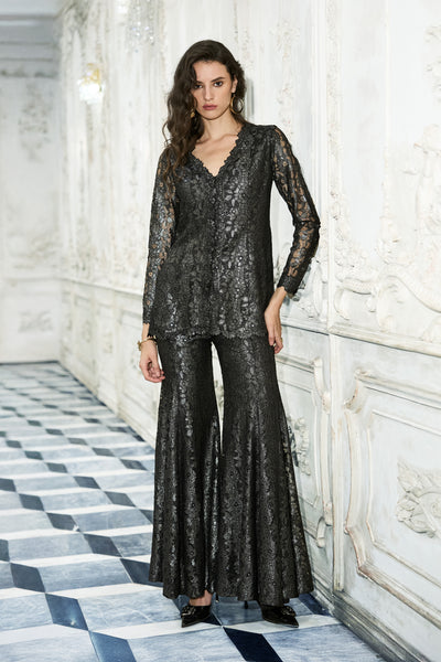 METALLIC LACE PEPLUM TOP