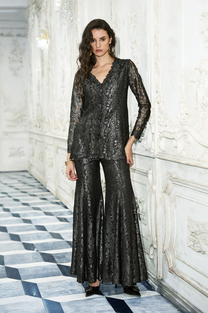 METALLIC LACE PEPLUM TOP & FLARED PANT dash and dot