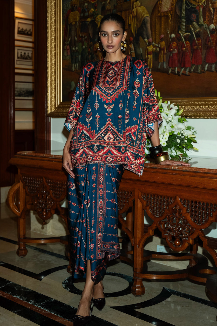 TRIBAL PRINT BOXY TOP & DRAPE SKIRT SET
