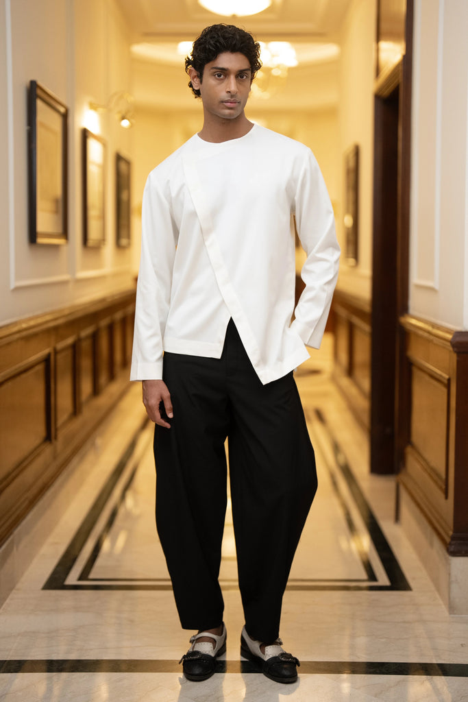 UNEVEN HEM OVERLAP SHIRT & RELAXED FIT BARREL PANT dash and dot