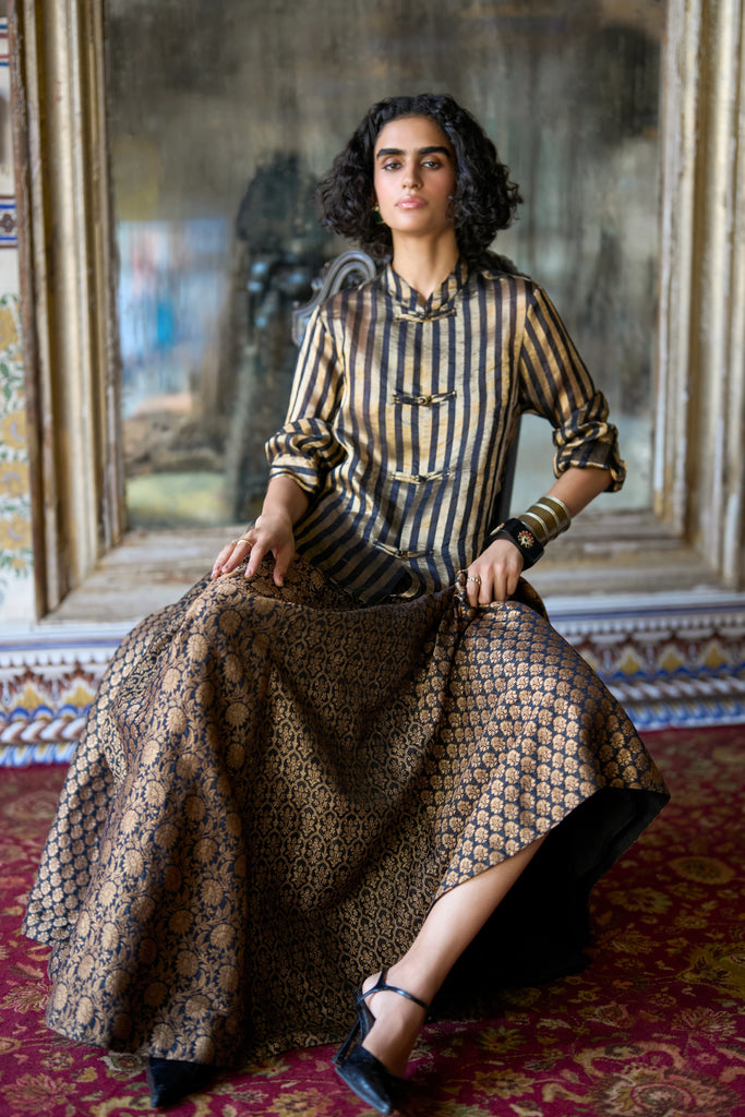 Benares Tissue Striped Top & Brocade Flared Skirt dash and dot