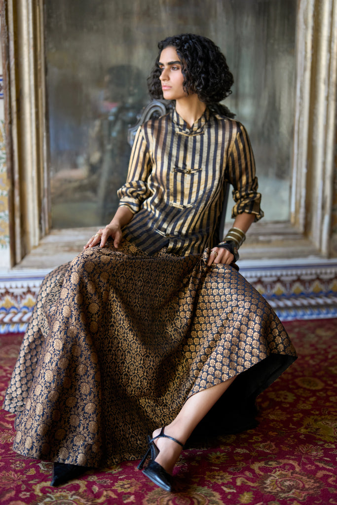 Benares Tissue Striped Top & Brocade Flared Skirt dash and dot