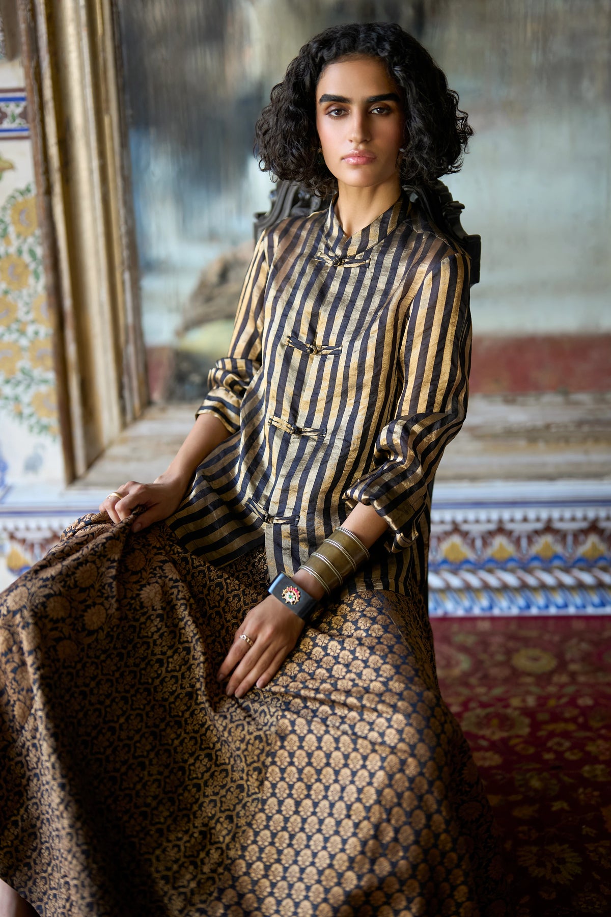Benares Tissue Striped Top & Brocade Flared Skirt