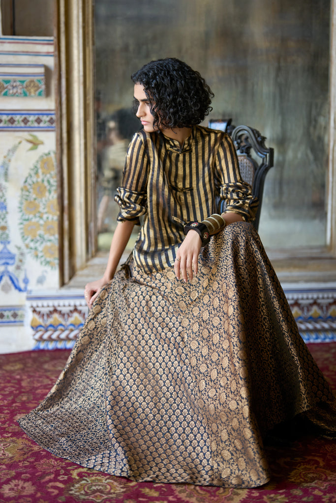 Benares Brocade Flared Skirt dash and dot
