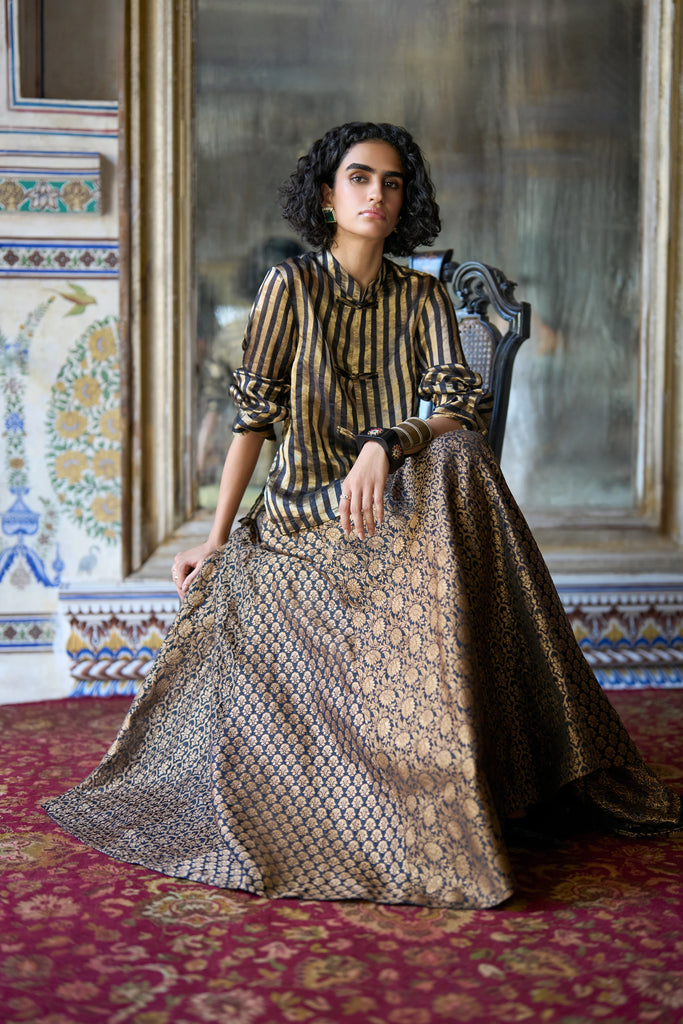 Benares Brocade Flared Skirt dash and dot