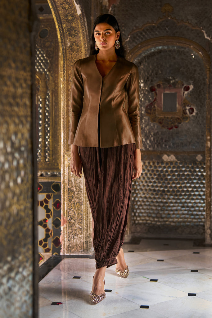 CARAMEL BROCADE PEPLUM TOP AND CRUSHED CRINKLED PANT dash and dot