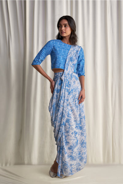 LINEN MADRAS CHECK PRINT TOP & TOILE PRINT SARI DRAPE SKIRT
