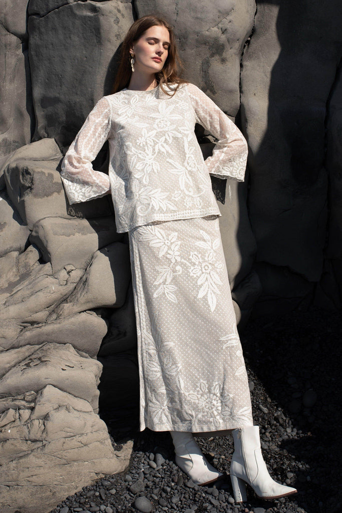 WHITE RIBBON EMBROIDERED STRAIGHT SKIRT - dash and dot dash and dot