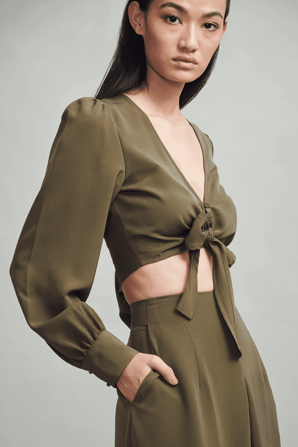 MILITARY GREEN FRONT TIE TOP - dash and dot