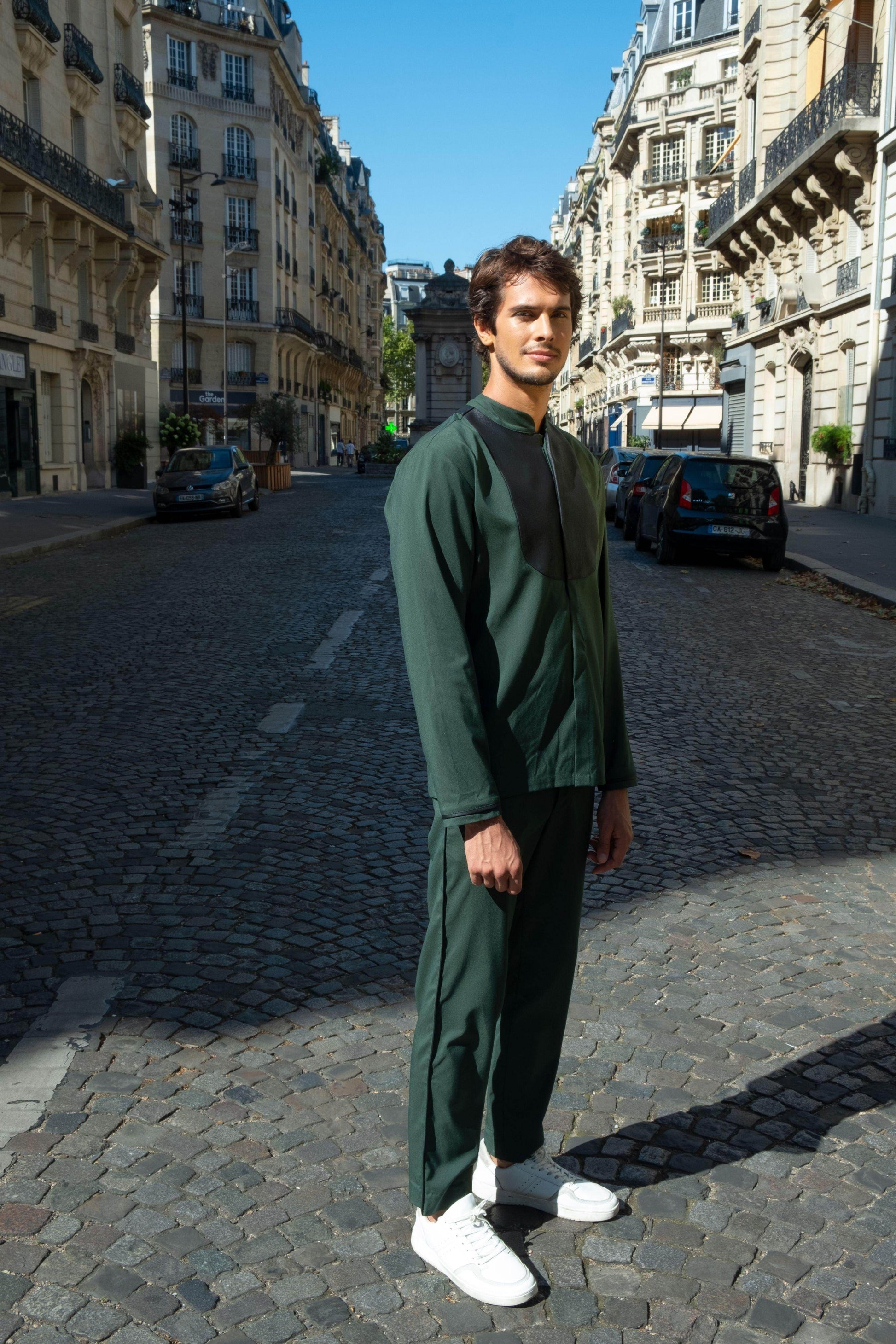 GREEN LEATHER BIB SUIT - dash and dot