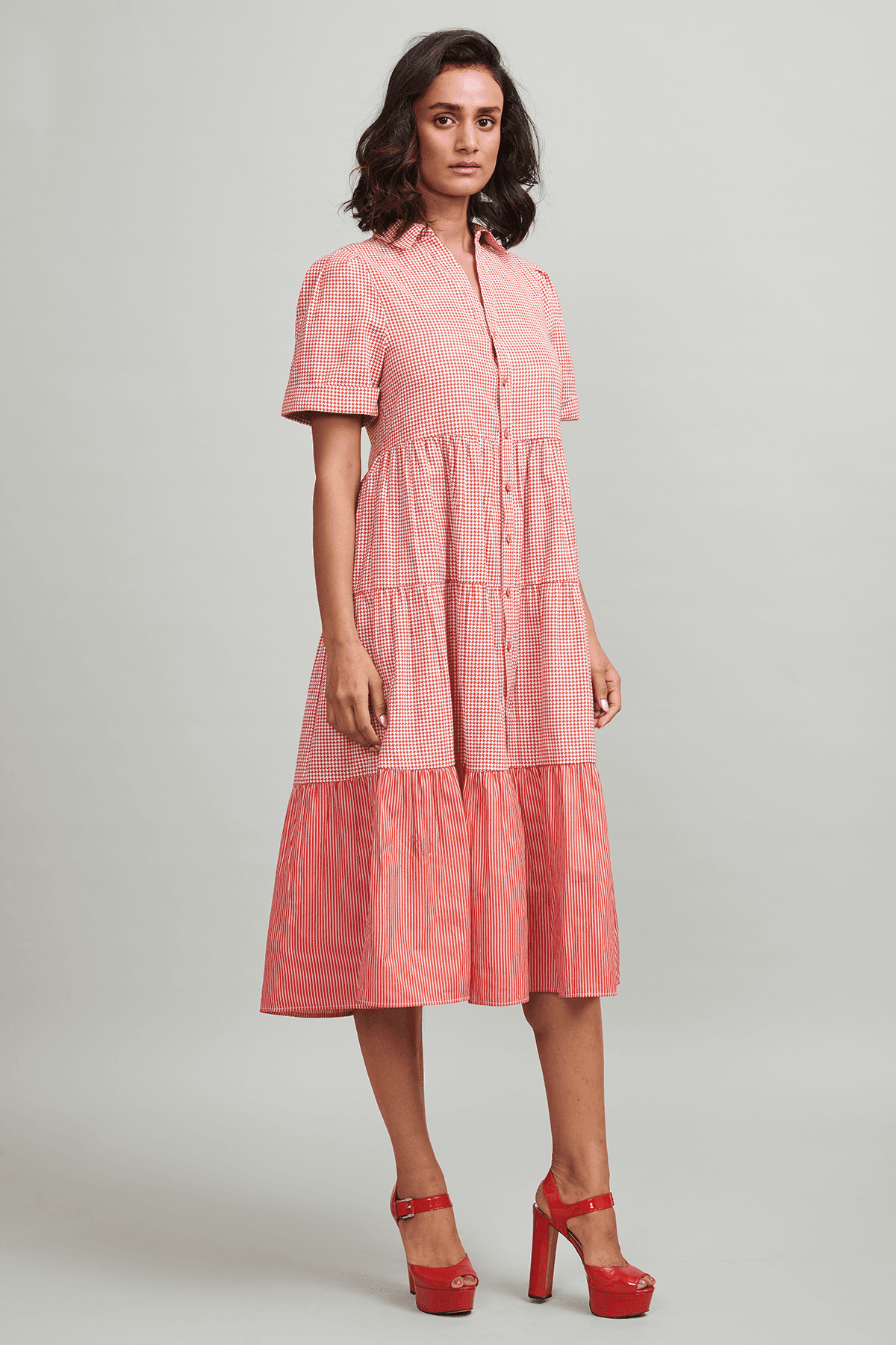 RED CHECKED TIERED MIDI - dash and dot