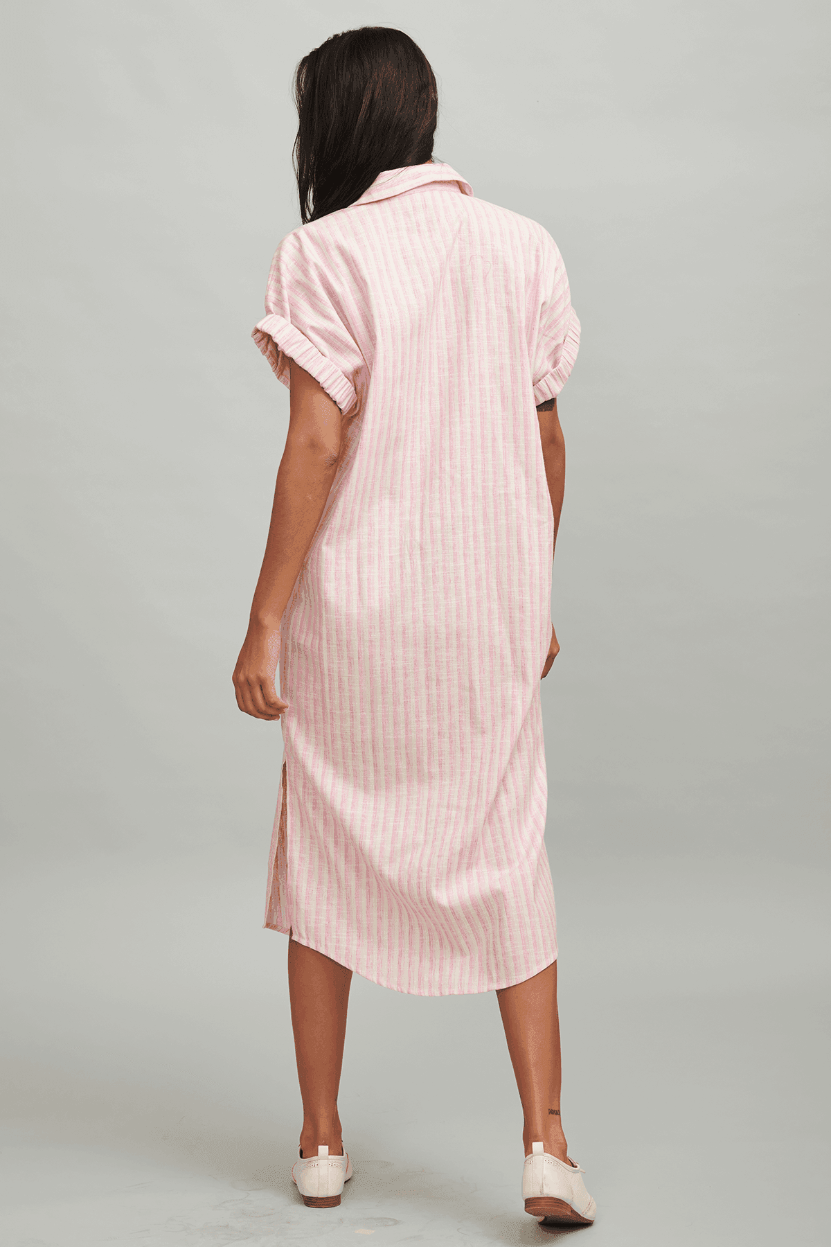 PINK STRIPE LINEN SHIRT MIDI - dash and dot