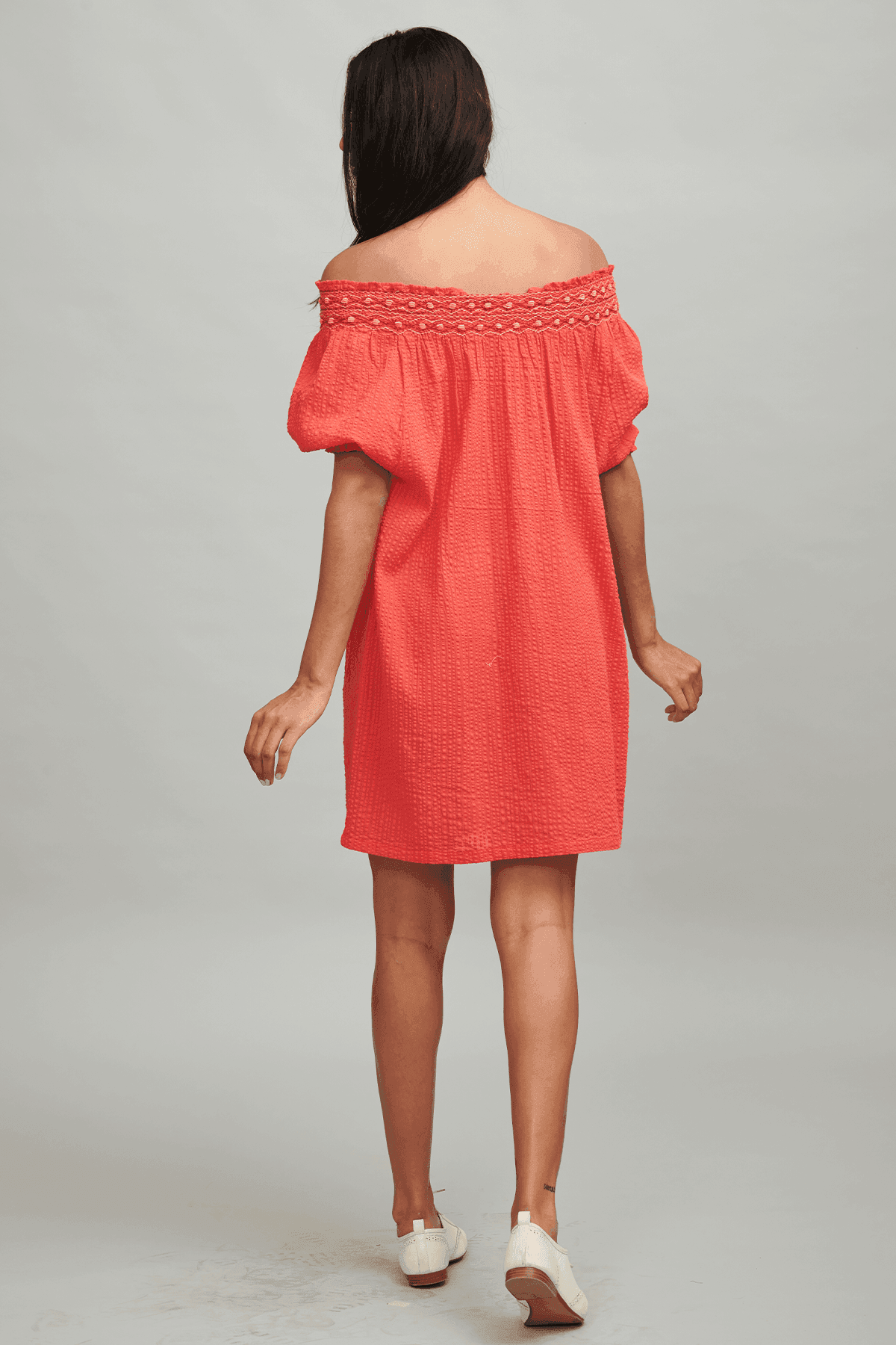 CORAL OFF-SHOULDER DRESS - dash and dot