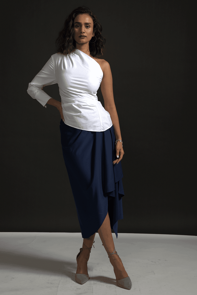 NAVY DRAPED SKIRT - dash and dot dash and dot
