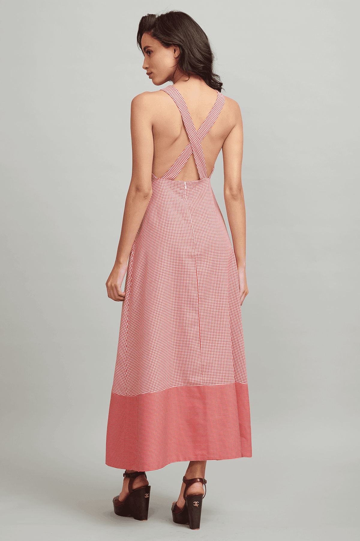 RED CHECKED BACKLESS MIDI - dash and dot