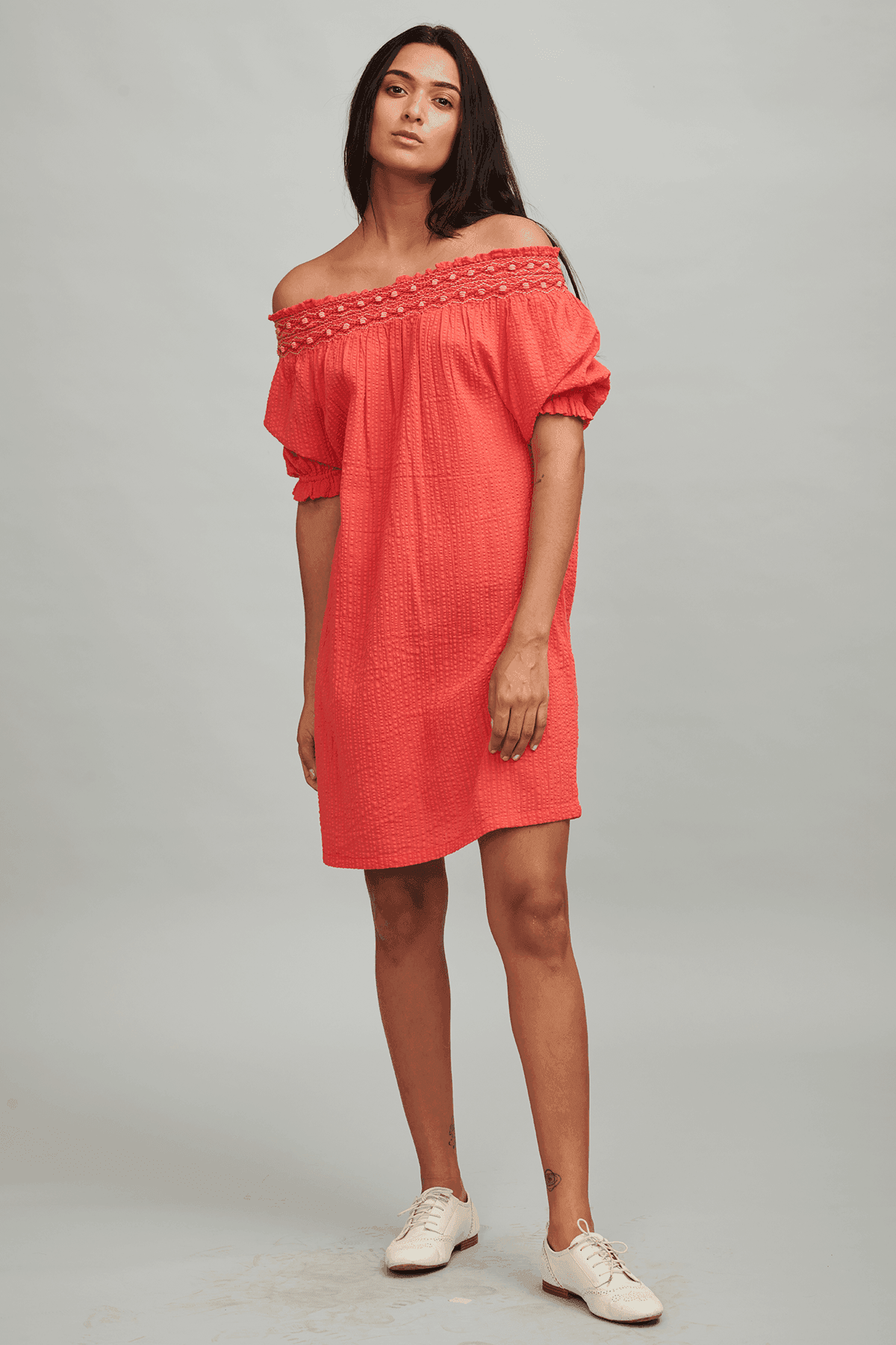 CORAL OFF-SHOULDER DRESS - dash and dot
