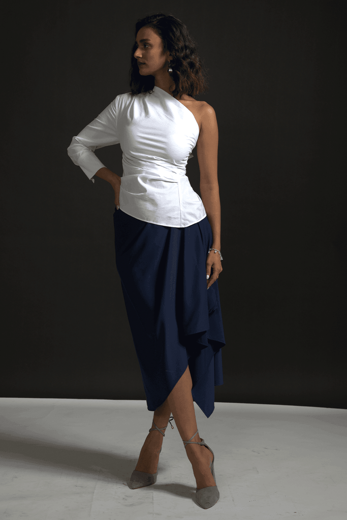 NAVY DRAPED SKIRT - dash and dot dash and dot