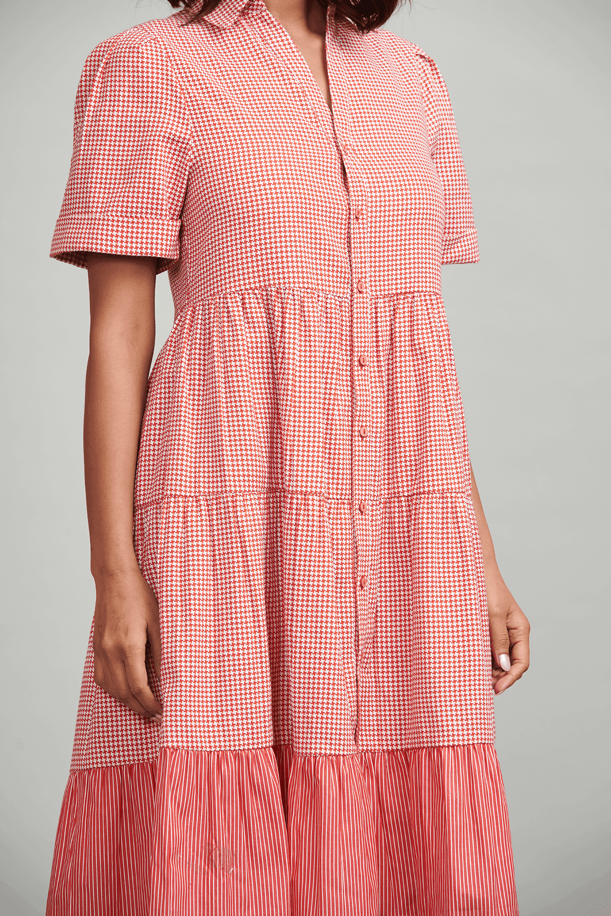 RED CHECKED TIERED MIDI - dash and dot