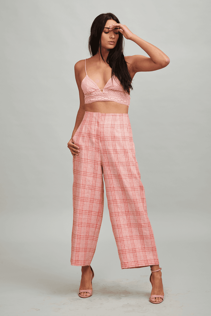RED LINEN CHECK PANT - dash and dot dash and dot